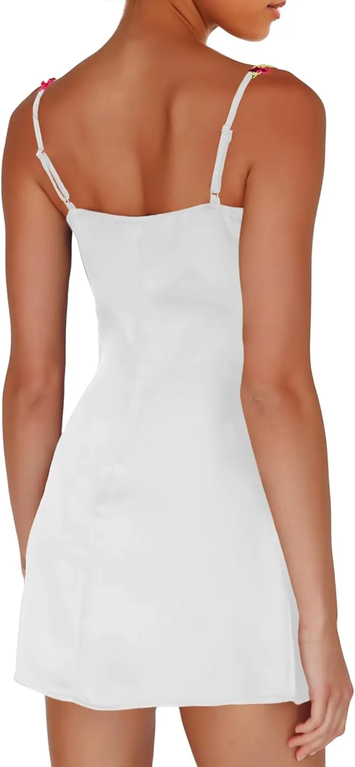 Women’s Mini Dress Florals Embroidered Sweetheart Neck Adjustable Straps Slim Fit Going Out Club Party Mini Short Dress