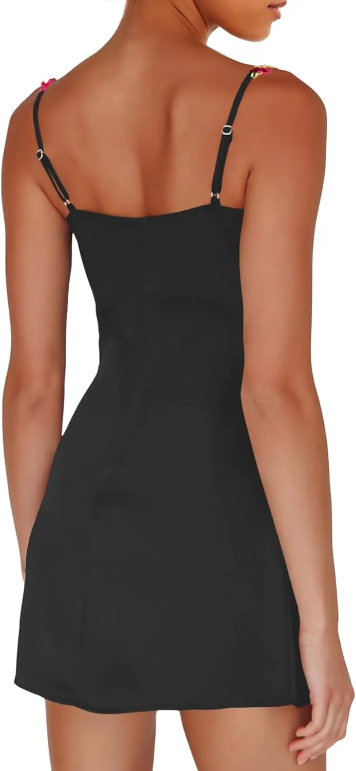 Women’s Mini Dress Florals Embroidered Sweetheart Neck Adjustable Straps Slim Fit Going Out Club Party Mini Short Dress