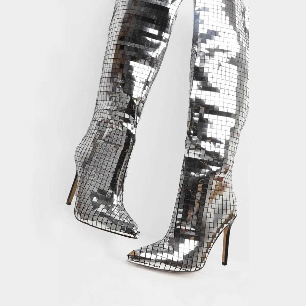 Women's Mirror Leather Knee High Boots Sexy Pointed Toe Stiletto Heel Shiny Long Boot Party Dress Shoes