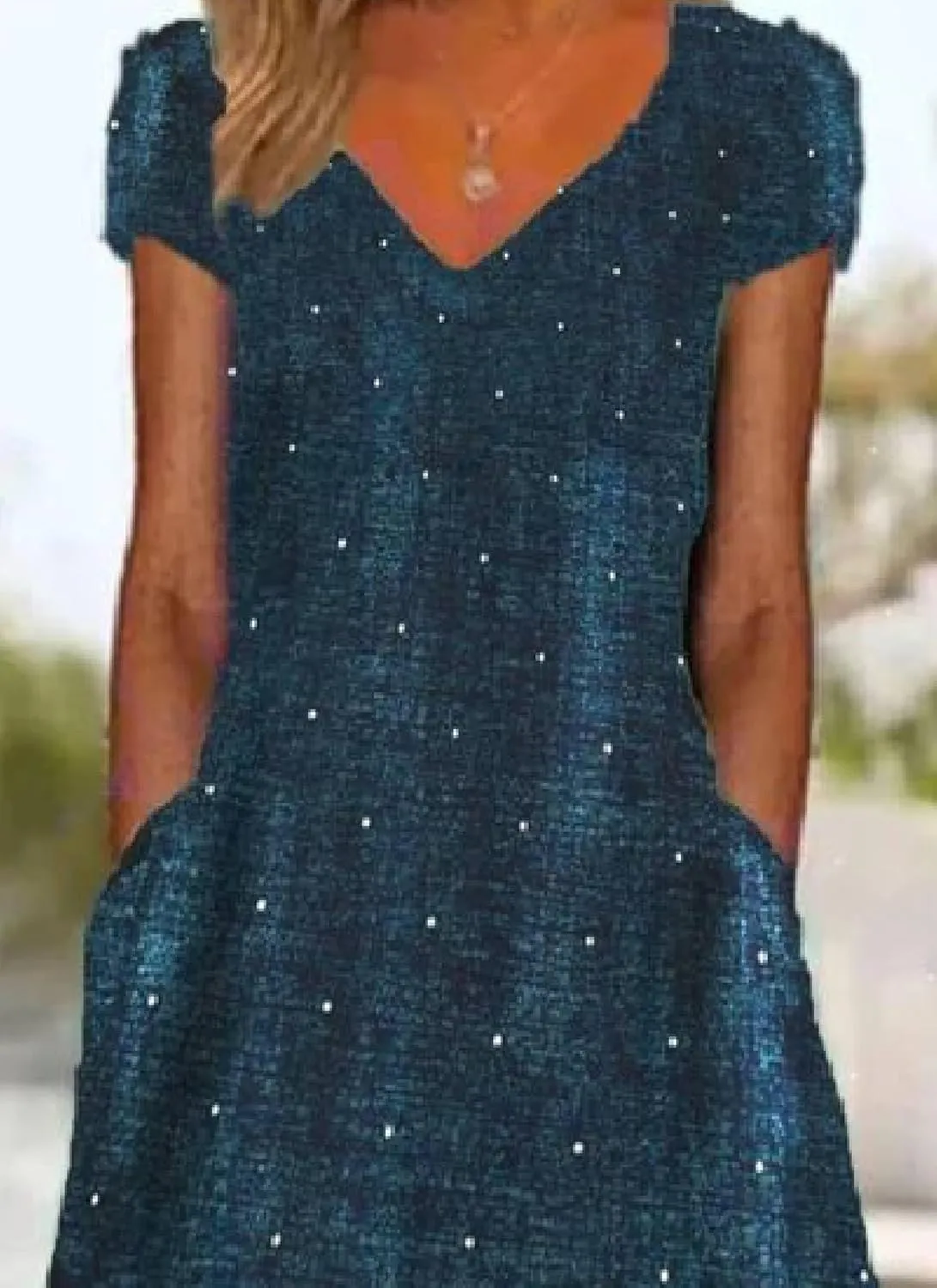 Women's Navy Blue Polka Dot V Neck Midi Dress 2025 Spring Casual Everyday Wear Loose Fit Cotton Day Dress