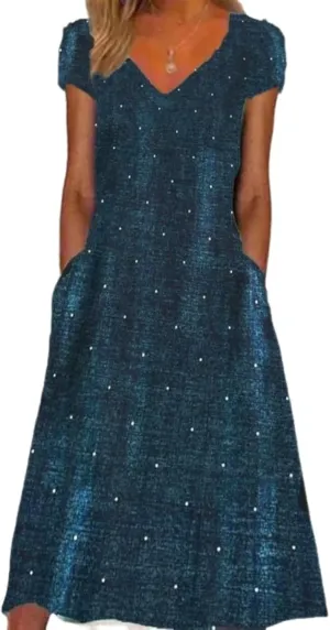 Women's Navy Blue Polka Dot V Neck Midi Dress 2025 Spring Casual Everyday Wear Loose Fit Cotton Day Dress