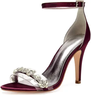 Women's Open Toe Rhinestone Kitten Heel Sandals Ankle Strap Satin High Heels | 4.13" Heel Height | Perfect for Evening Parties & Dressy