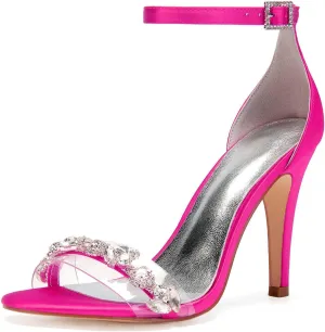 Women's Open Toe Rhinestone Kitten Heel Sandals Ankle Strap Satin High Heels | 4.13" Heel Height | Perfect for Evening Parties & Dressy
