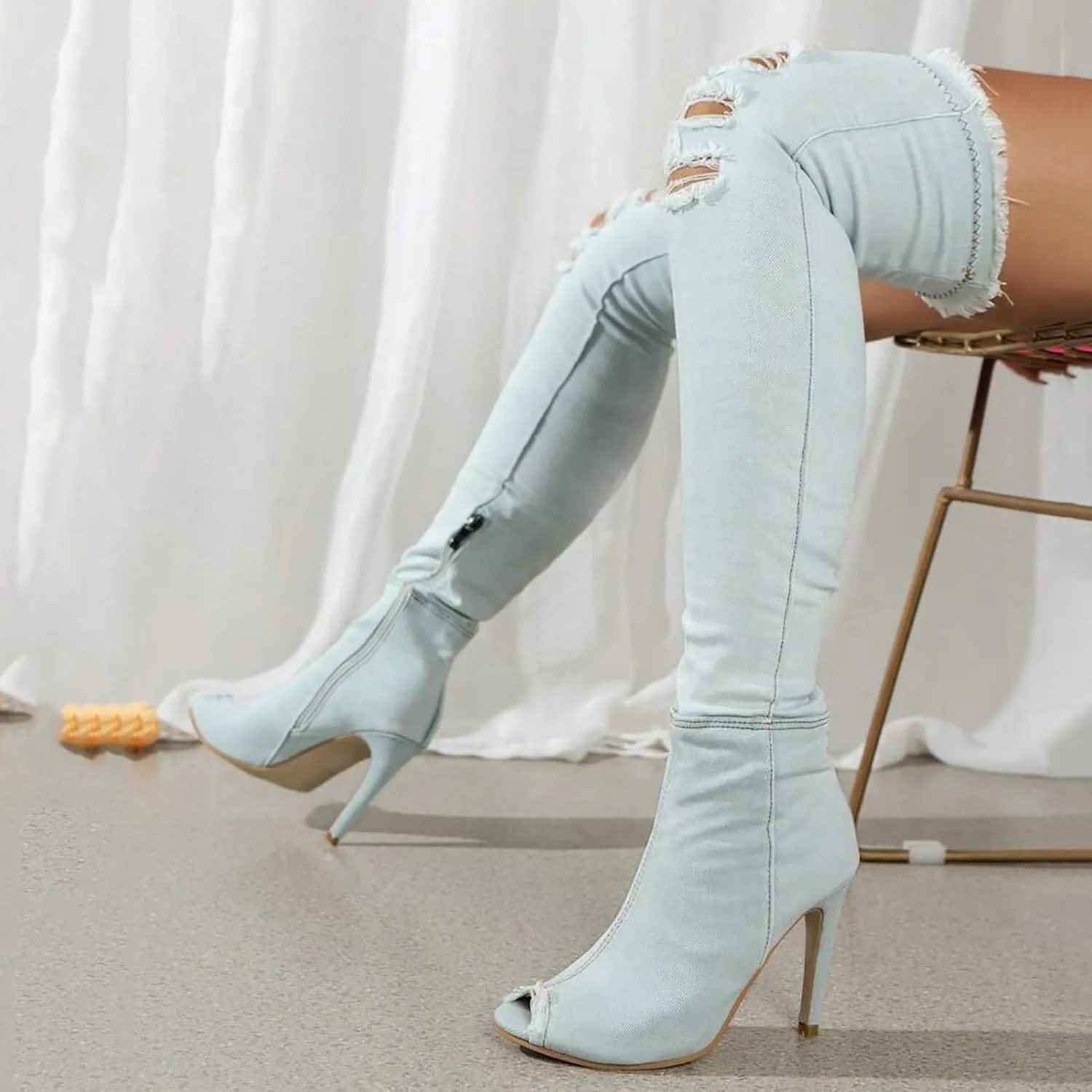 Women's Open Toe Stiletto Heel Over The Knee Denim Boots,Thigh High Over Knee Denim Open Toe Stiletto Heel Boot, High Heel Distressed Denim Long Boots