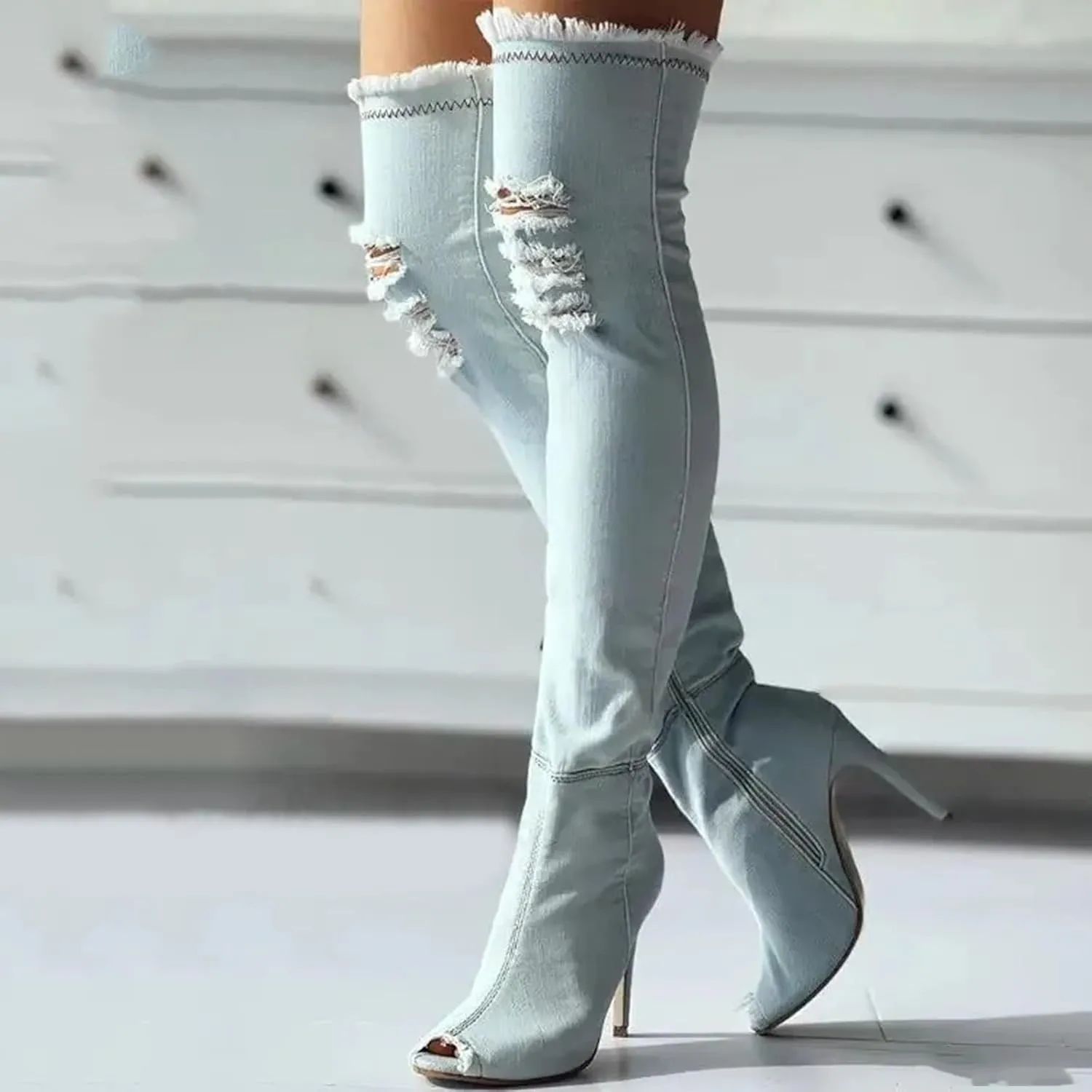 Women's Open Toe Stiletto Heel Over The Knee Denim Boots,Thigh High Over Knee Denim Open Toe Stiletto Heel Boot, High Heel Distressed Denim Long Boots