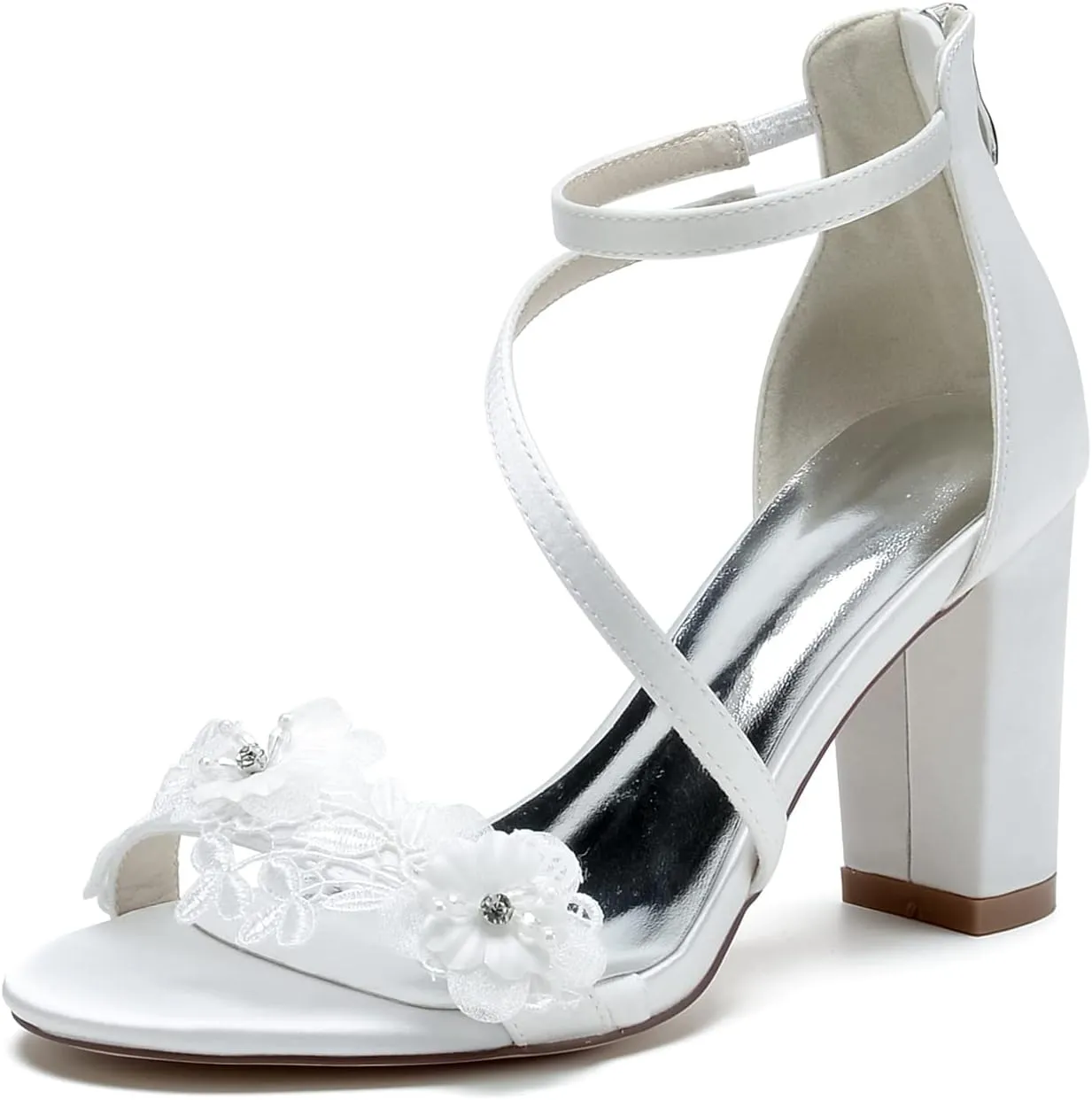 Women's Open Toe Wedding Shoes Mid Heel Appliques Satin Pumps with Lace Flower Prom Evening Bridal Shoes