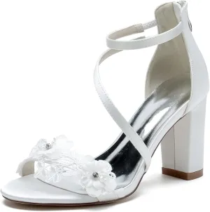 Women's Open Toe Wedding Shoes Mid Heel Appliques Satin Pumps with Lace Flower Prom Evening Bridal Shoes