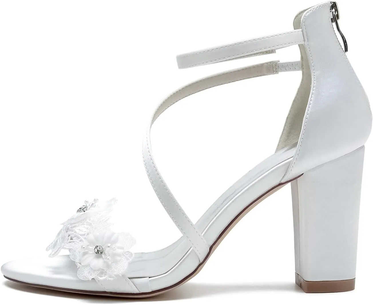 Women's Open Toe Wedding Shoes Mid Heel Appliques Satin Pumps with Lace Flower Prom Evening Bridal Shoes