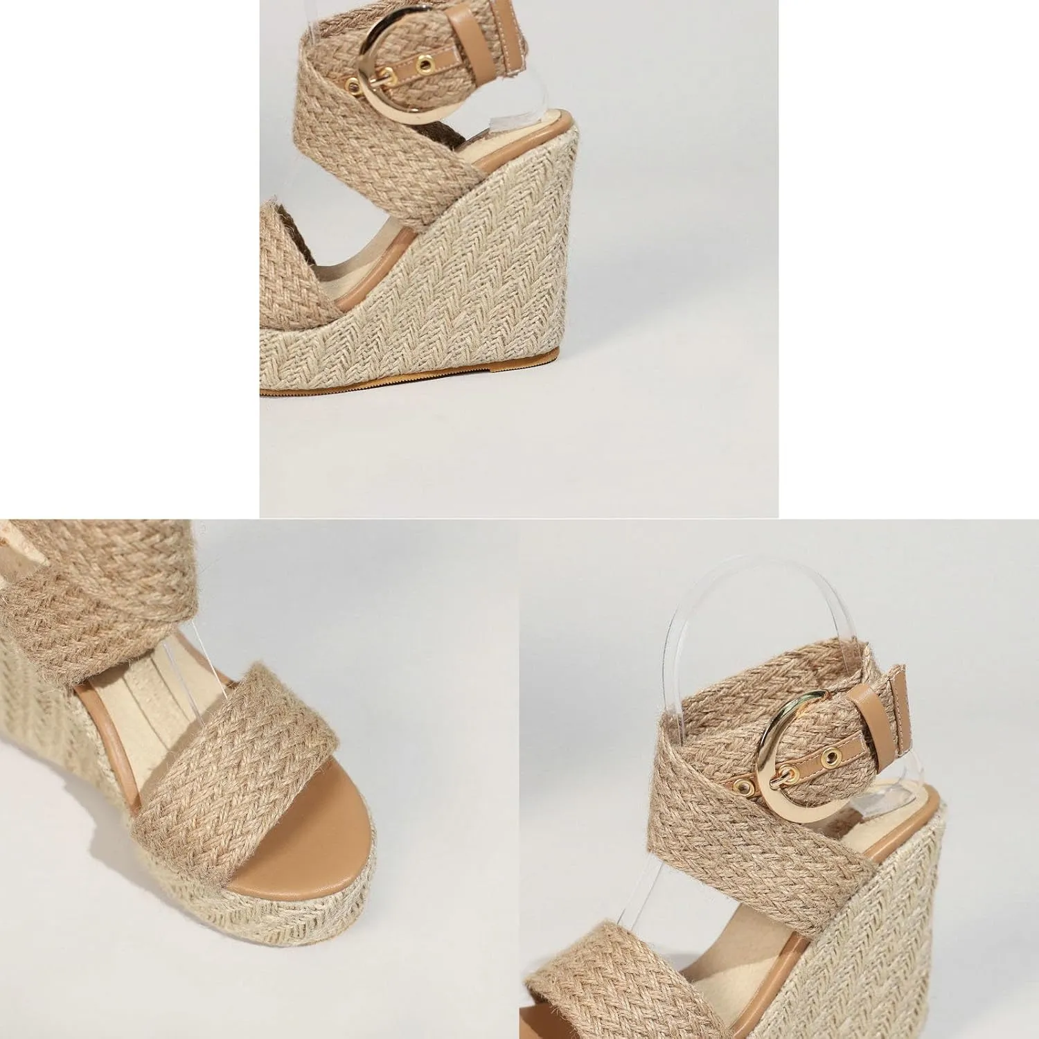 Women's Open Toe Wedge Sandals, Platform Ankle Strap Heels Sandals Peep Toe Straw Crochet Adjustable High Shoes 12 CM