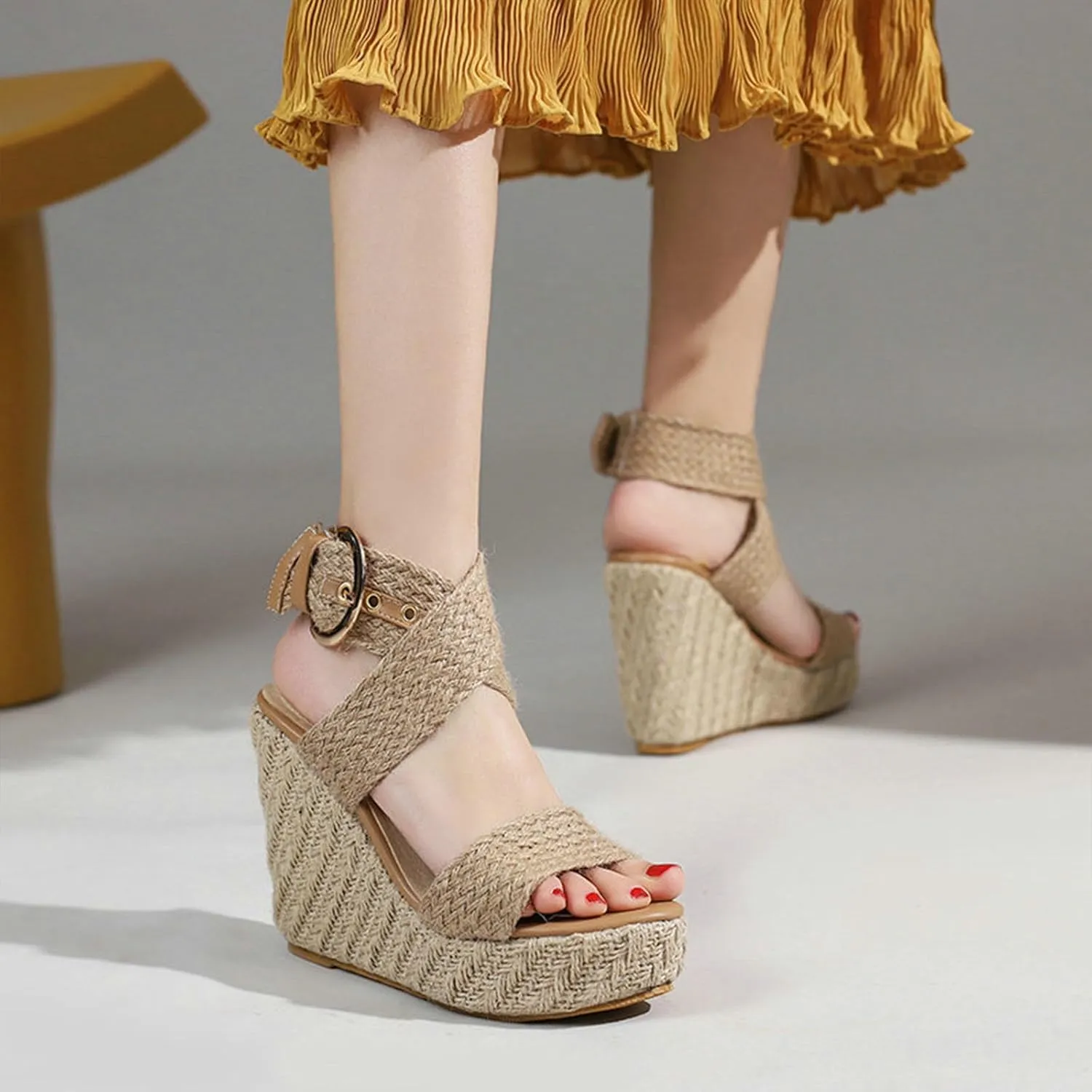 Women's Open Toe Wedge Sandals, Platform Ankle Strap Heels Sandals Peep Toe Straw Crochet Adjustable High Shoes 12 CM