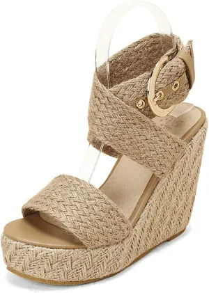 Women's Open Toe Wedge Sandals, Platform Ankle Strap Heels Sandals Peep Toe Straw Crochet Adjustable High Shoes 12 CM