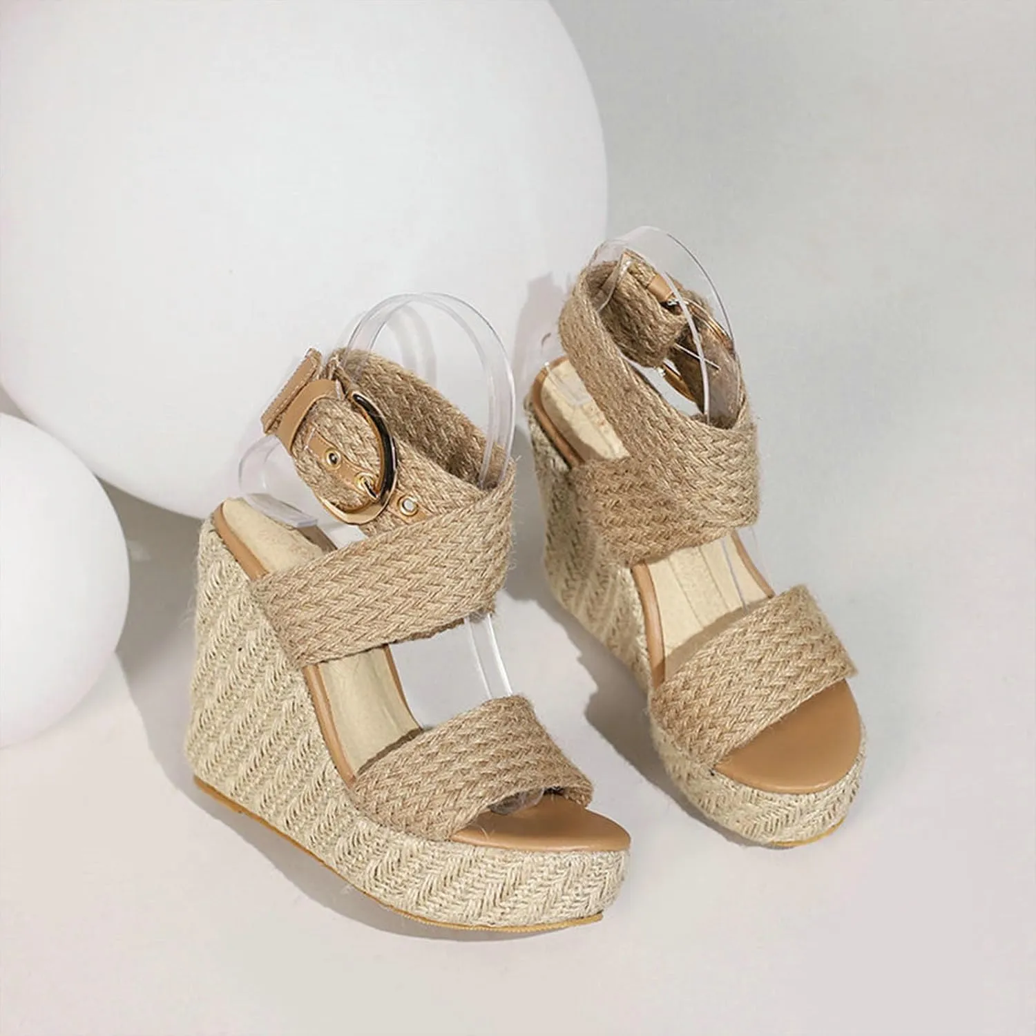 Women's Open Toe Wedge Sandals, Platform Ankle Strap Heels Sandals Peep Toe Straw Crochet Adjustable High Shoes 12 CM