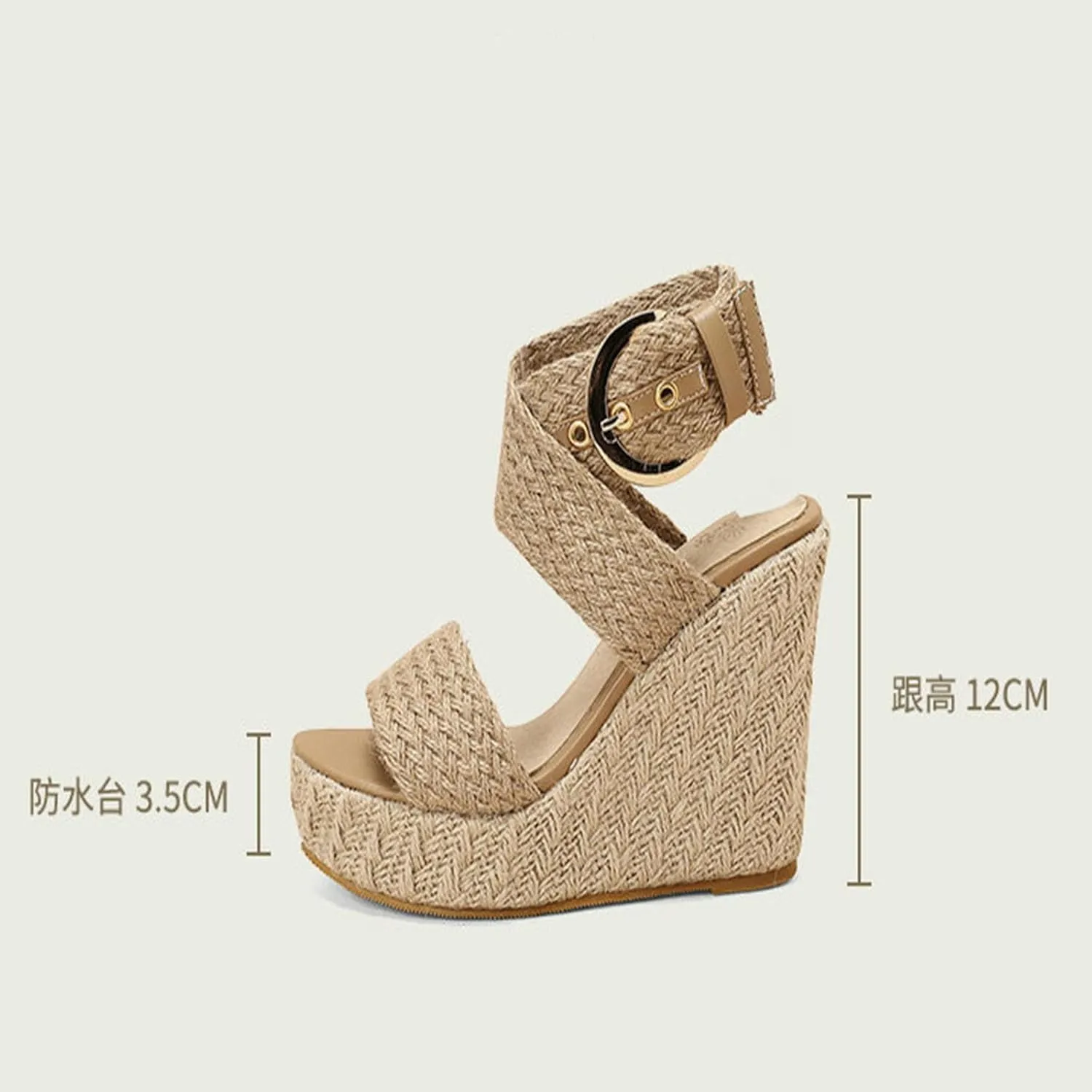 Women's Open Toe Wedge Sandals, Platform Ankle Strap Heels Sandals Peep Toe Straw Crochet Adjustable High Shoes 12 CM