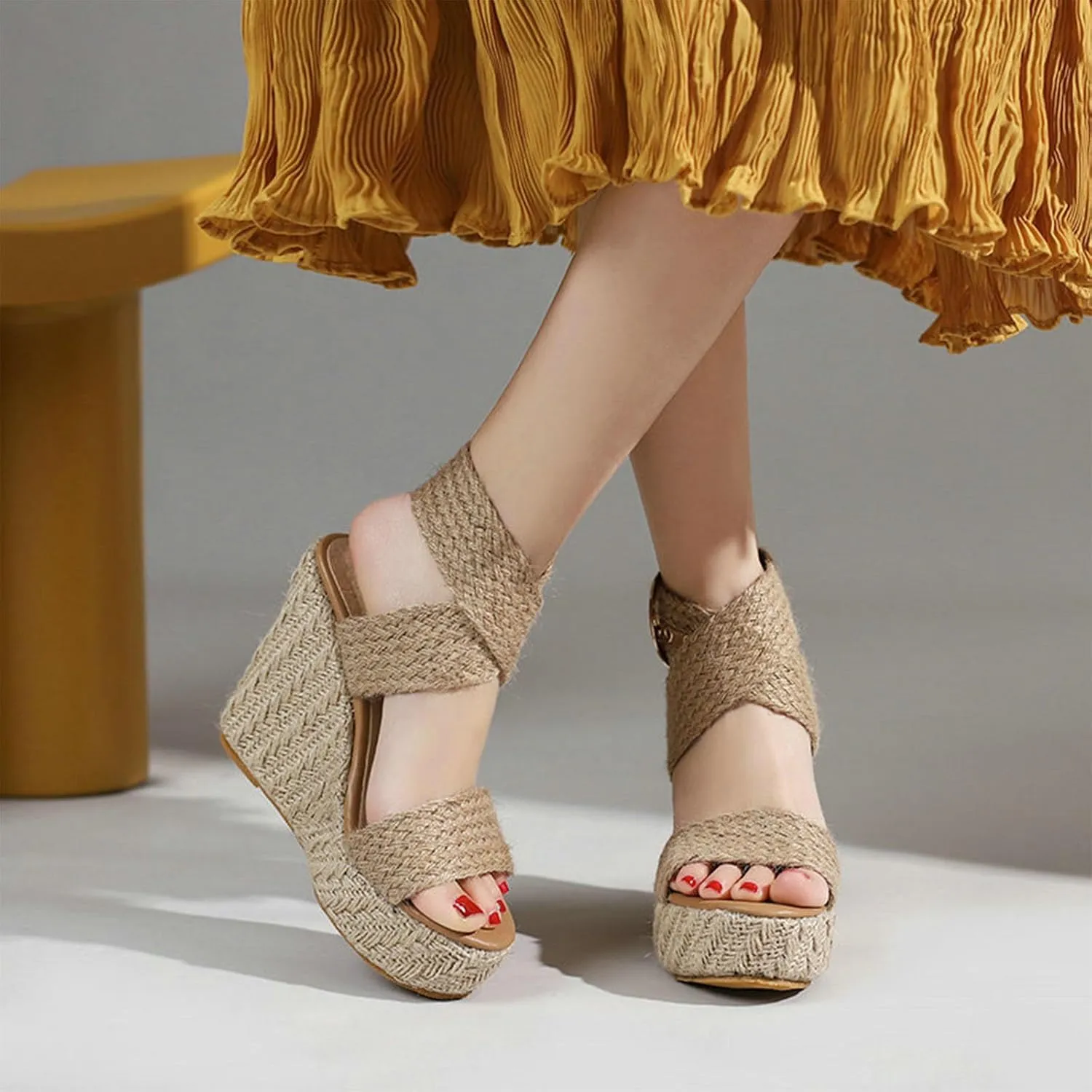 Women's Open Toe Wedge Sandals, Platform Ankle Strap Heels Sandals Peep Toe Straw Crochet Adjustable High Shoes 12 CM