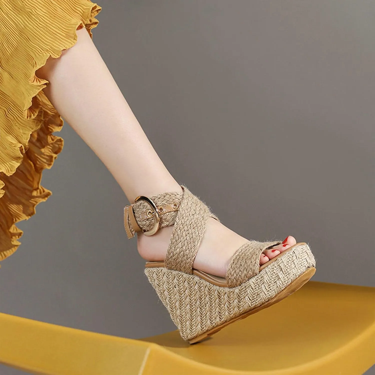 Women's Open Toe Wedge Sandals, Platform Ankle Strap Heels Sandals Peep Toe Straw Crochet Adjustable High Shoes 12 CM