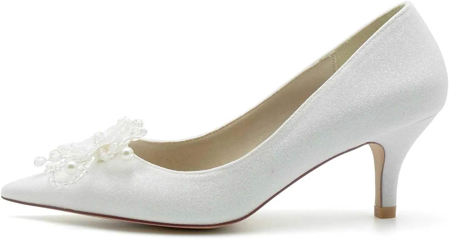 Women's Pearl Pointed-Toe Pumps with Slip-On - Kitten Heel & High Heel Perfect for Weddings, Bridal Parties, Work, & Formal Dresses