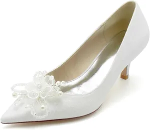 Women's Pearl Pointed-Toe Pumps with Slip-On - Kitten Heel & High Heel Perfect for Weddings, Bridal Parties, Work, & Formal Dresses