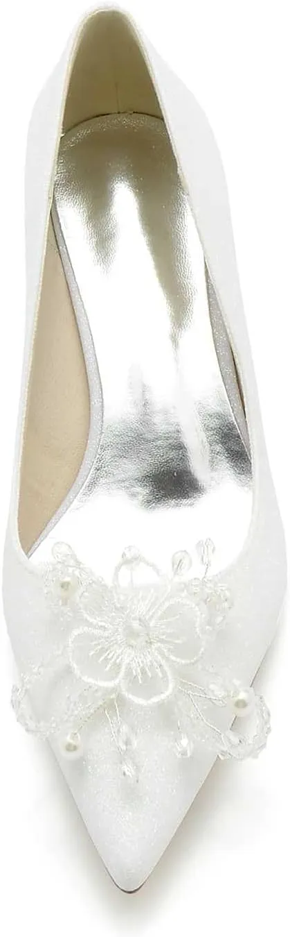 Women's Pearl Pointed-Toe Pumps with Slip-On - Kitten Heel & High Heel Perfect for Weddings, Bridal Parties, Work, & Formal Dresses