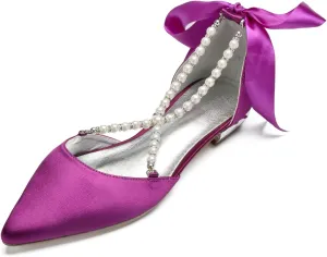 Women's Pearl Satin Wedding Shoes for Bride Flats Comfortable Closed Toe Bridal Shoes Satin Prom Party Dress Pumps with Bow