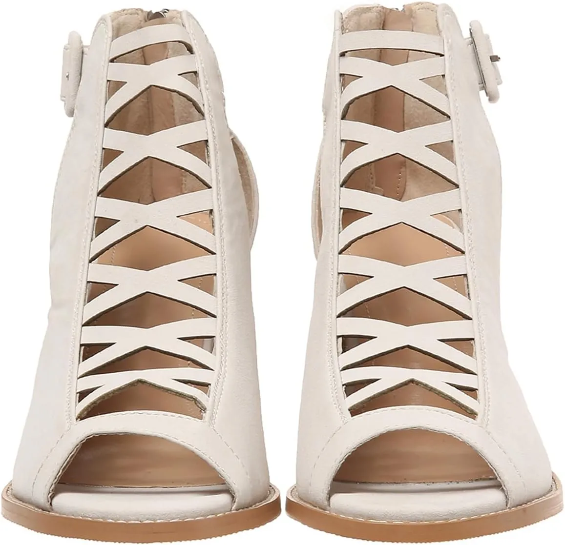 Womens Peep Toe Booties Chunky Heeled Sandals Back Zipper Cutout Dressy Sandals with Adjustable Ankle Strap Buckle
