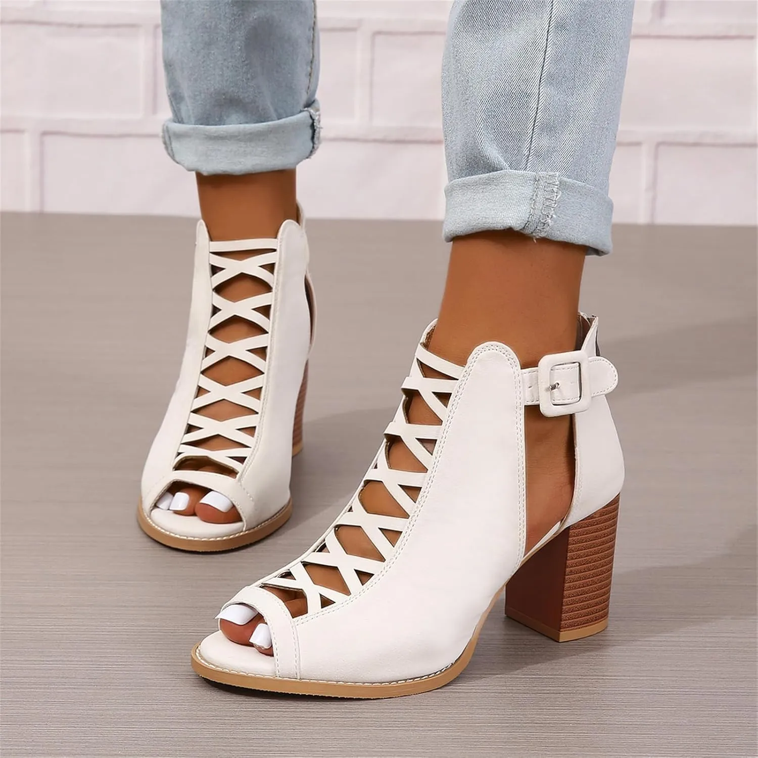 Womens Peep Toe Booties Chunky Heeled Sandals Back Zipper Cutout Dressy Sandals with Adjustable Ankle Strap Buckle
