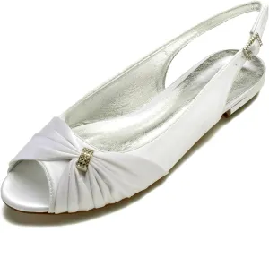 Women's Peep Toe Flat Pumps Slingback Evening Party Comfort Bridal Flats Sandals with Buckle Satin Wedding Dress Shoes