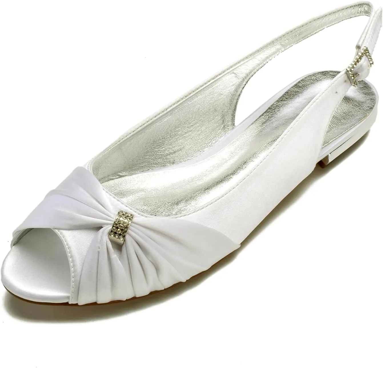 Women's Peep Toe Flat Pumps Slingback Evening Party Comfort Bridal Flats Sandals with Buckle Satin Wedding Dress Shoes