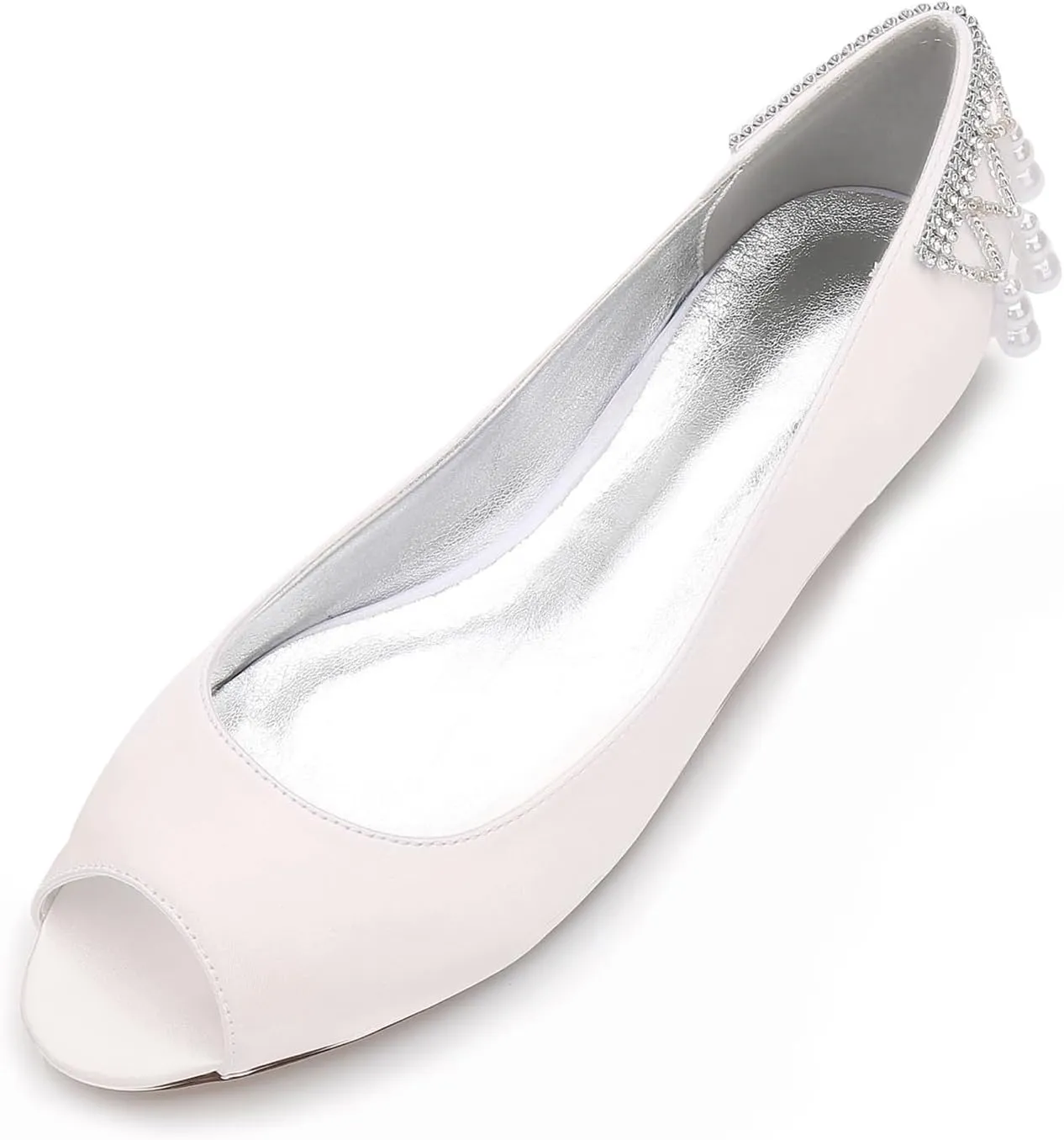 Women's Peep Toe Pumps Pearl Satin Wedding Shoes for Bride Flats Bridal Shoes Formal Prom Party Dress Pumps Sandals