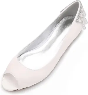 Women's Peep Toe Pumps Pearl Satin Wedding Shoes for Bride Flats Bridal Shoes Formal Prom Party Dress Pumps Sandals
