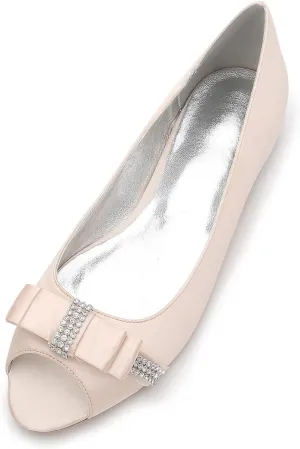 Women's Peep Toe Satin Wedding Flats for Bride Comfortable Bow Rhinestones Bridal Shoes Formal Slip on Flats Ballet Flats