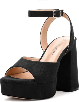 Women's Platform Heels Sandals, Ankle Strap Block Chunky Heel Suede Peep Toe Sandals, Fashion Dress Wedding High Heeled Wedges Pumps