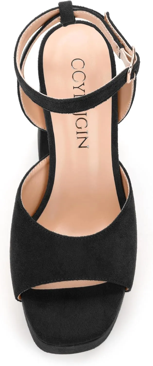 Women's Platform Heels Sandals, Ankle Strap Block Chunky Heel Suede Peep Toe Sandals, Fashion Dress Wedding High Heeled Wedges Pumps