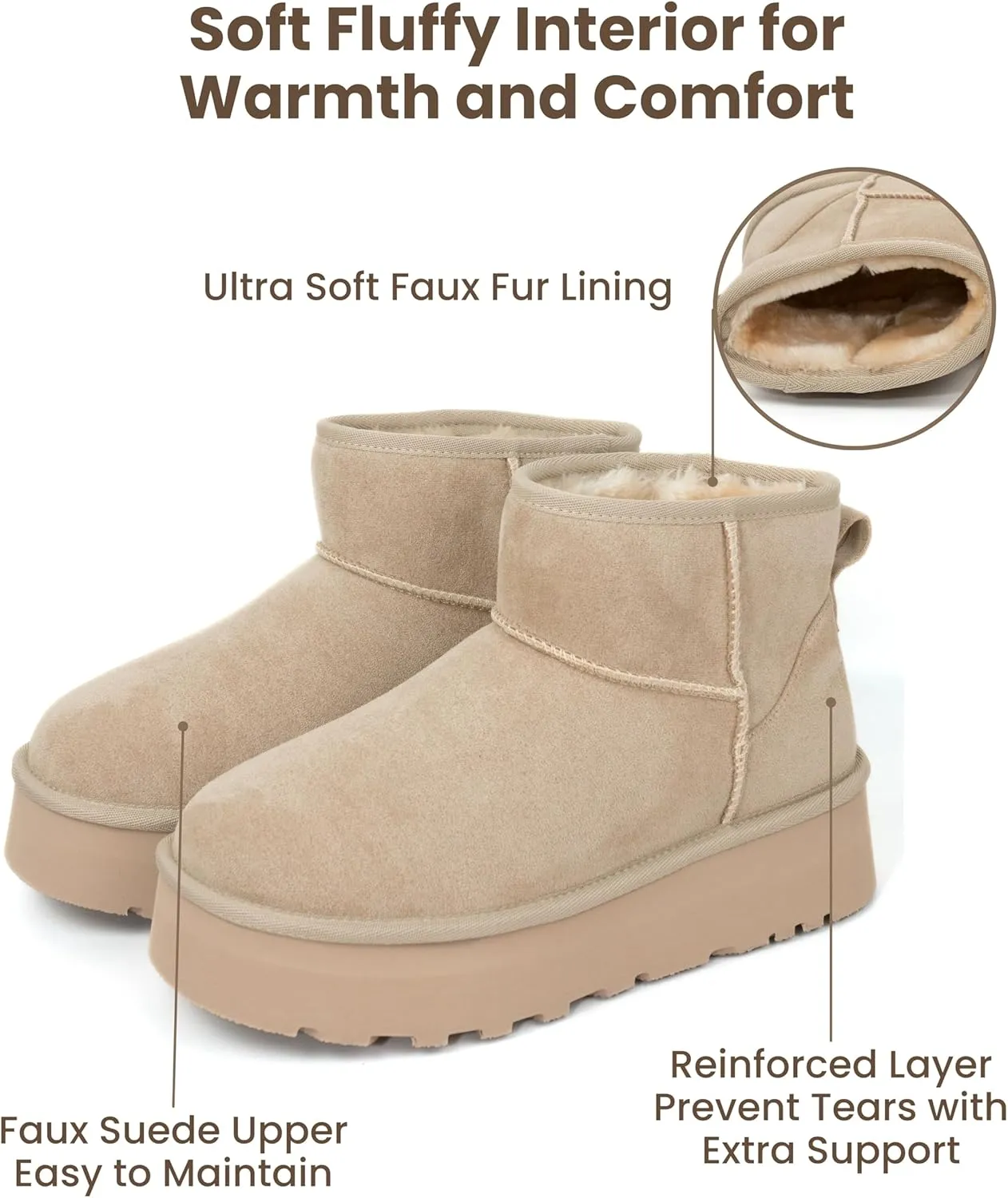 Women's Platform Mini Boots, Fur Boots Classic Ultra Mini Booties Comfortable Anti-Slip Lightweight Winter Snow Boots