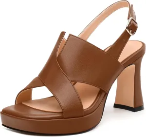 Womens Platform Sandals, Square Peep Toe Chunky Heel Ankle Strap Sandals for Women, Leather Insole Heeled Sandals with Buckle 3.3"