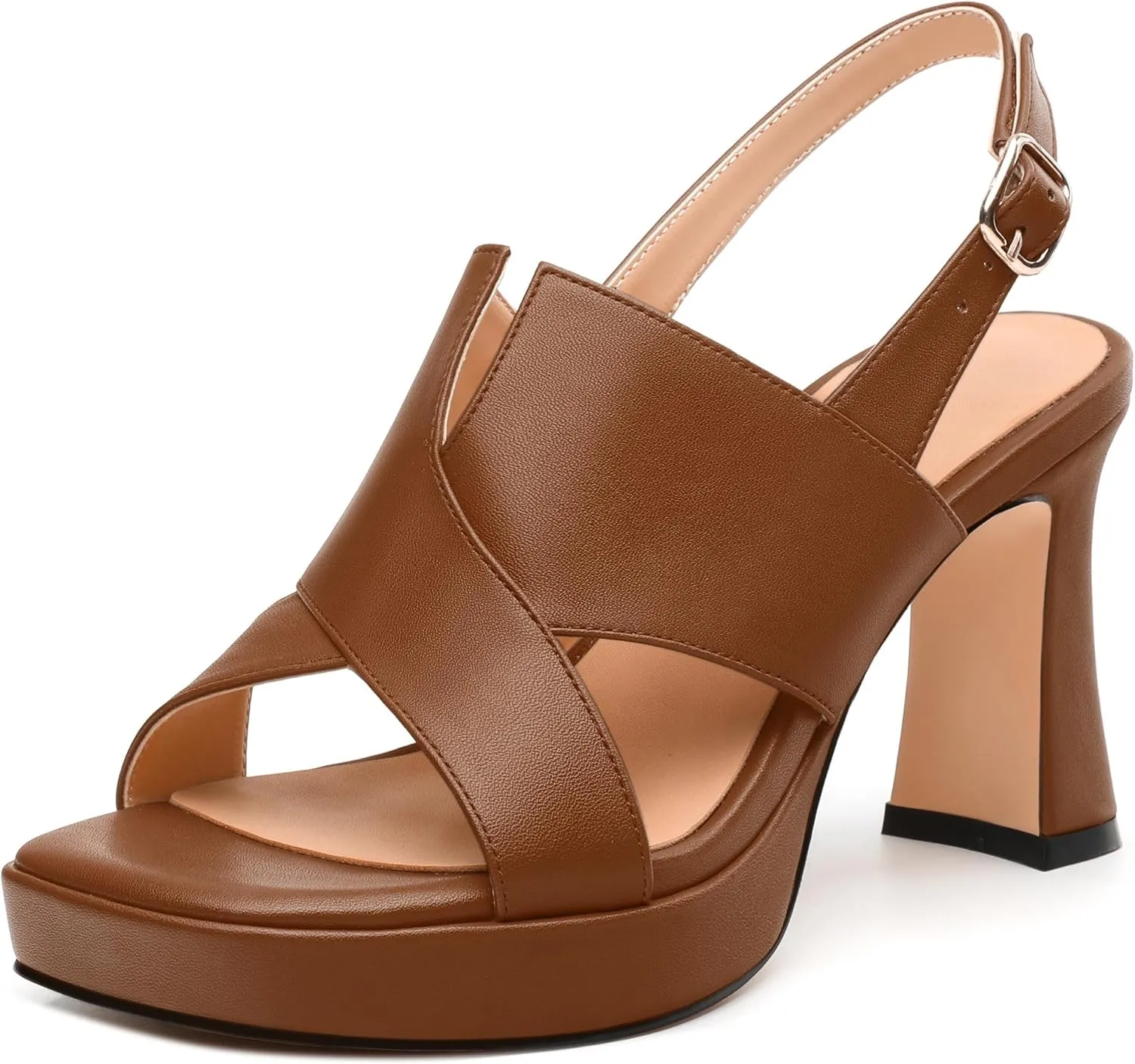 Womens Platform Sandals, Square Peep Toe Chunky Heel Ankle Strap Sandals for Women, Leather Insole Heeled Sandals with Buckle 3.3"