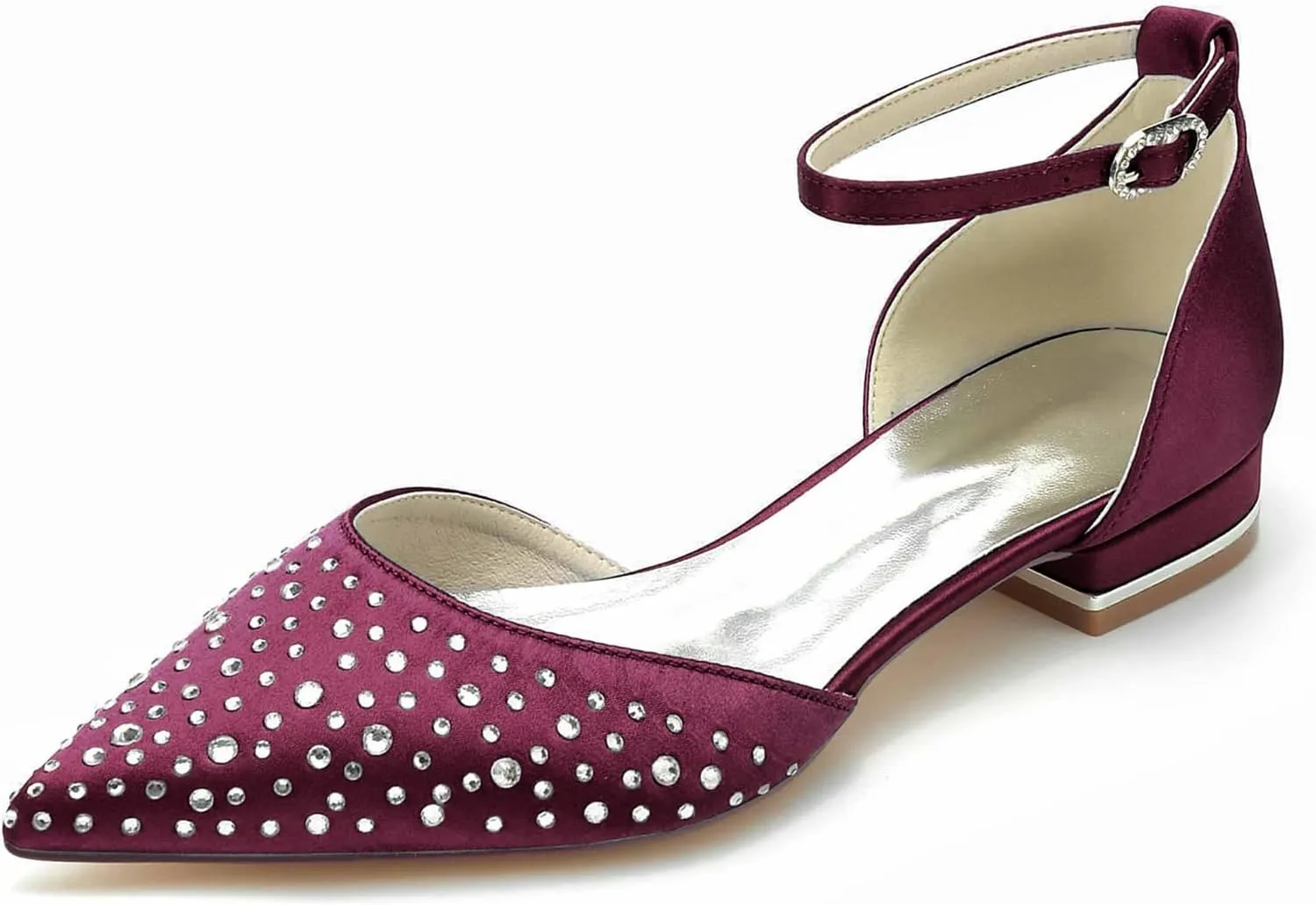 Women's Pointed Closed Toe Satin Wedding Flats for Bride Shoes with Ankle Buckle Strap Crystals Prom Party Pumps Sandals