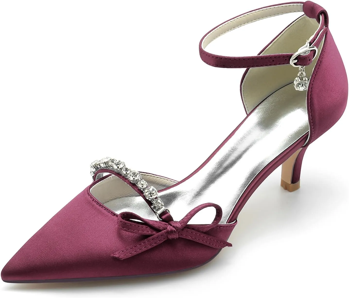 Womens Pointed Toe Ankle Strap Court Shoes with Rhinestone Dress Pumps Mid Kitten Heel Satin Wedding Shoes for Bridal
