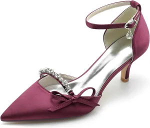 Womens Pointed Toe Ankle Strap Court Shoes with Rhinestone Dress Pumps Mid Kitten Heel Satin Wedding Shoes for Bridal