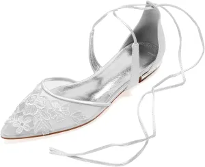 Women's Pointed Toe Applique Wedding Flats for Bride Comfortable Satin Wedding Shoes Low Heels Bridal Flats Evening Prom Party Dress Shoes Pumps