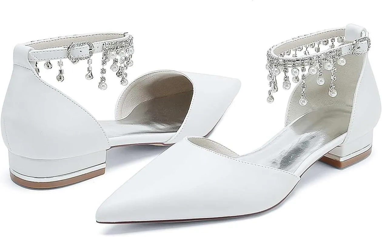 Women's Pointed Toe Beaded Satin Wedding Flats for Bride Comfortable White Bridal Shoes with Ankle Strap Prom Party Shoes Pumps