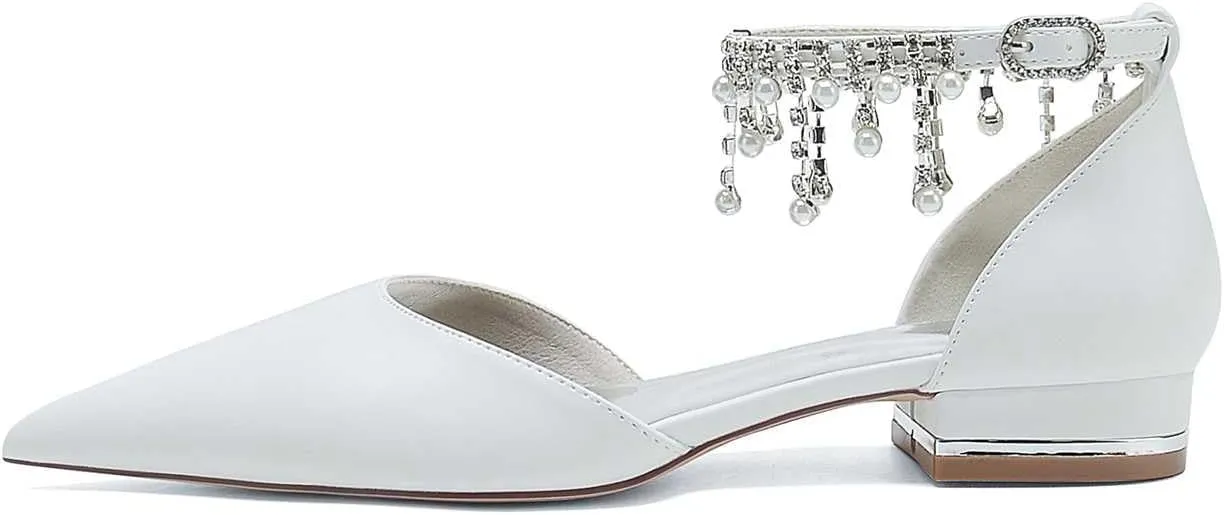 Women's Pointed Toe Beaded Satin Wedding Flats for Bride Comfortable White Bridal Shoes with Ankle Strap Prom Party Shoes Pumps