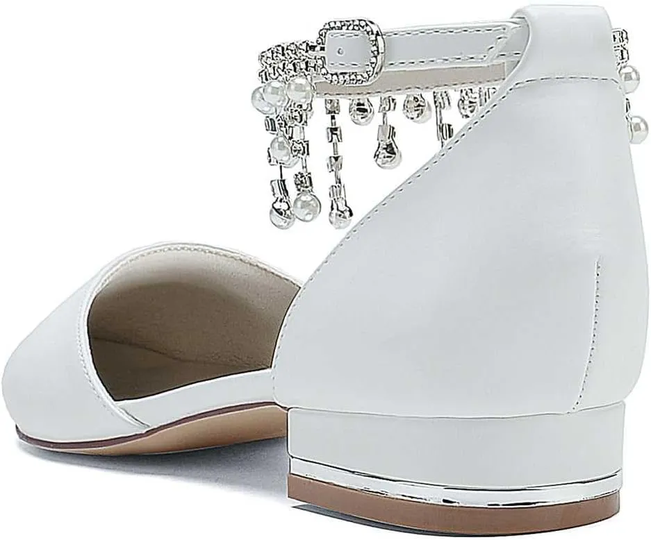 Women's Pointed Toe Beaded Satin Wedding Flats for Bride Comfortable White Bridal Shoes with Ankle Strap Prom Party Shoes Pumps