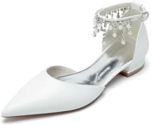 Women's Pointed Toe Beaded Satin Wedding Flats for Bride Comfortable White Bridal Shoes with Ankle Strap Prom Party Shoes Pumps