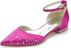 Women's Pointed Toe Bridal Flats Cryatal Pumps Satin Wedding Flats Shoes for Bride Evening Prom Party Dress Flats Pumps Sandals