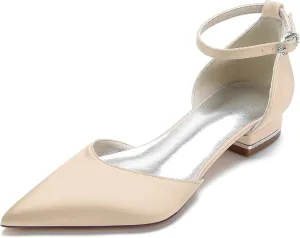 Women's Pointed Toe Bridal Pumps Satin Flats Ankle Strap Wedding Flats Prom Evening Party Dress Pumps for Bride