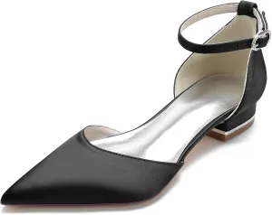 Women's Pointed Toe Bridal Pumps Satin Flats Ankle Strap Wedding Flats Prom Evening Party Dress Pumps for Bride