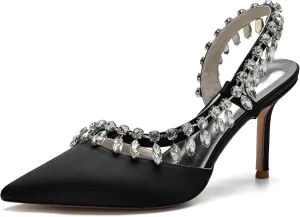 Women's Pointed Toe Crystal High Heels Satin Slingback Wedding Shoes Evening Party Comfort Flats Sandals for Bride