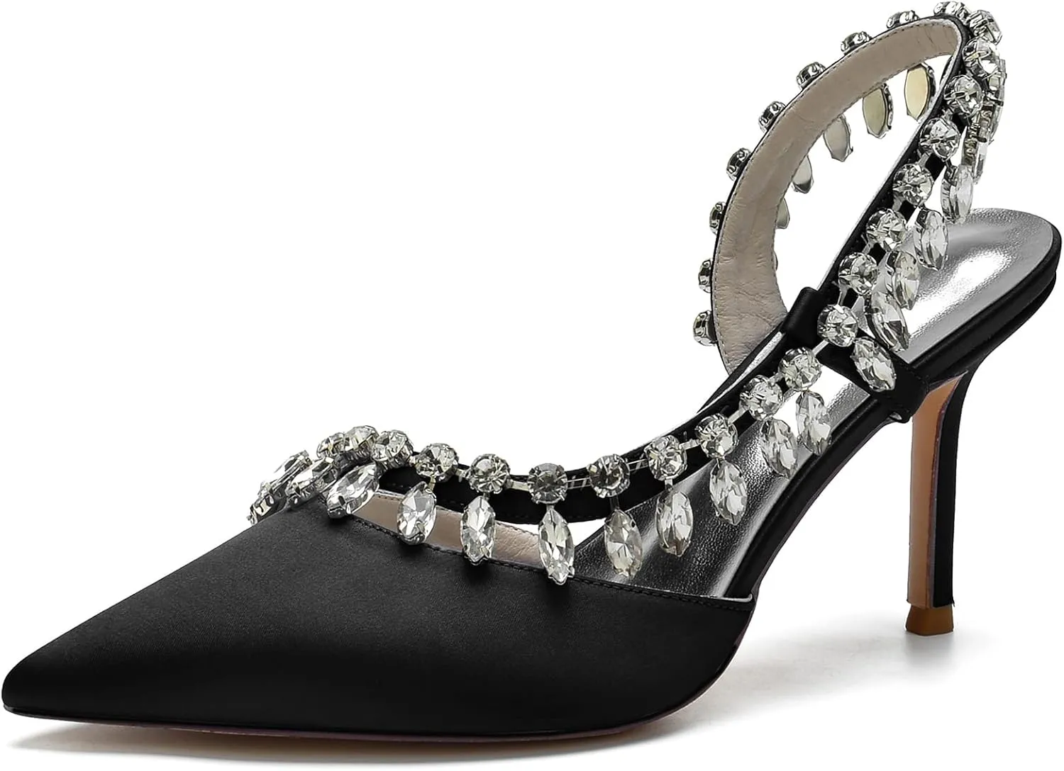 Women's Pointed Toe Crystal High Heels Satin Slingback Wedding Shoes Evening Party Comfort Flats Sandals for Bride