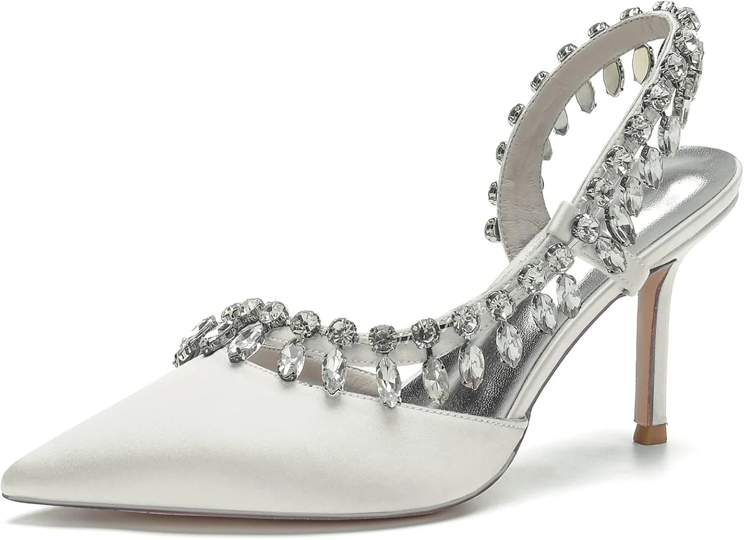 Women's Pointed Toe Crystal High Heels Satin Slingback Wedding Shoes Evening Party Comfort Flats Sandals for Bride