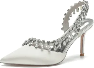 Women's Pointed Toe Crystal High Heels Satin Slingback Wedding Shoes Evening Party Comfort Flats Sandals for Bride